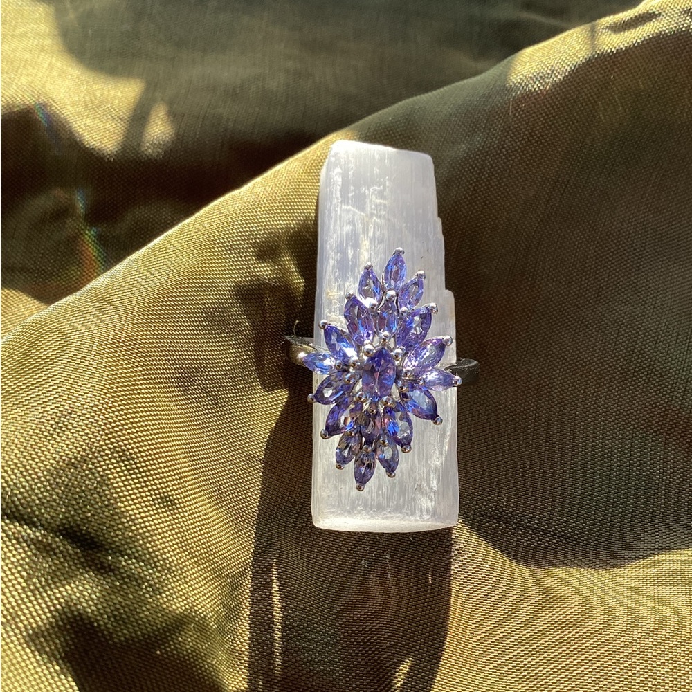 Openable Tanzanite Floral Spray Ring in Platinum over SS, Sz 6, 2.10 ctw